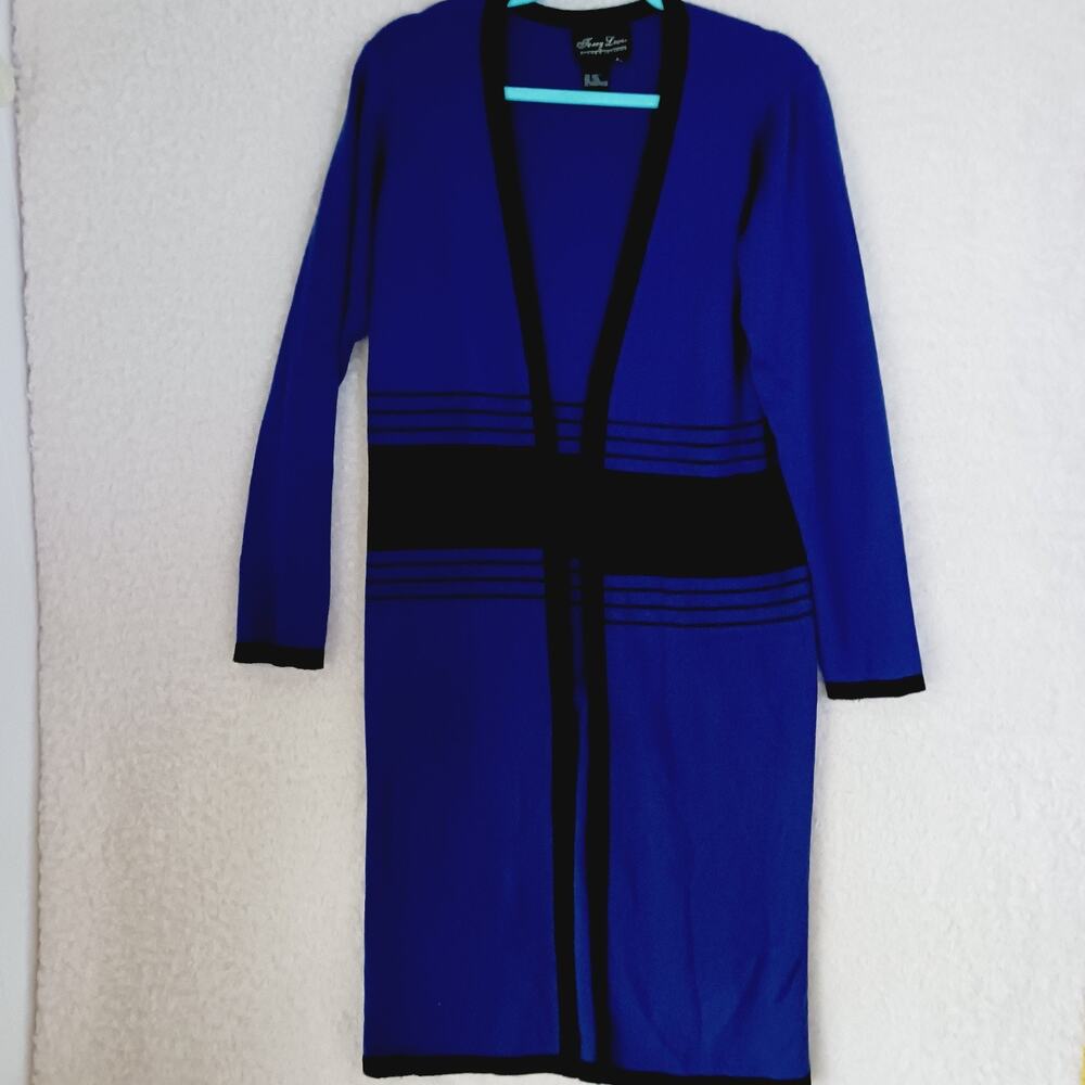 Sweater Cardigan Coatigan Terry Lewis Wool Blue Black Stripe Trim Long Size XS